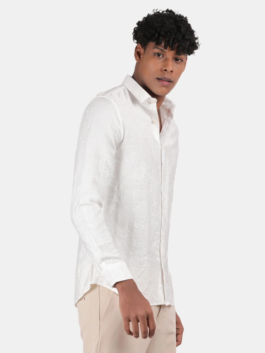 Men White Slim Fit Spread Collar Full Sleeve Casual Shirt - Image 5