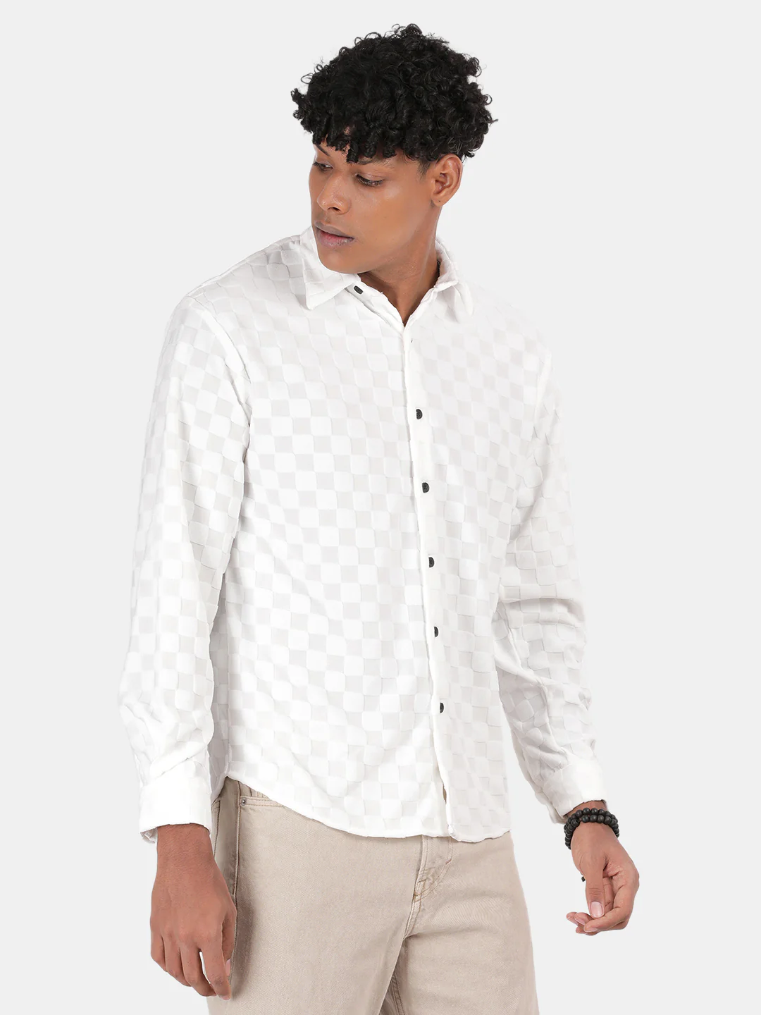 Men White Slim Fit Spread Collar Full Sleeve Casual Shirt - Image 2