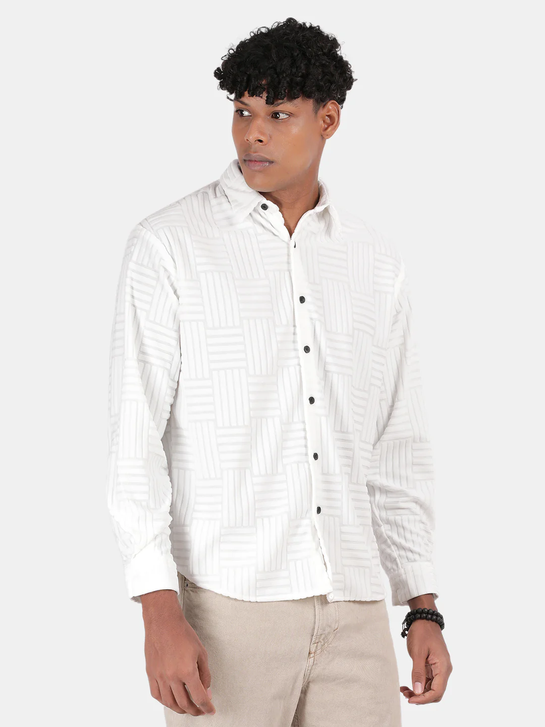 Men White Slim Fit Spread Collar Full Sleeve Casual Shirt - Image 6
