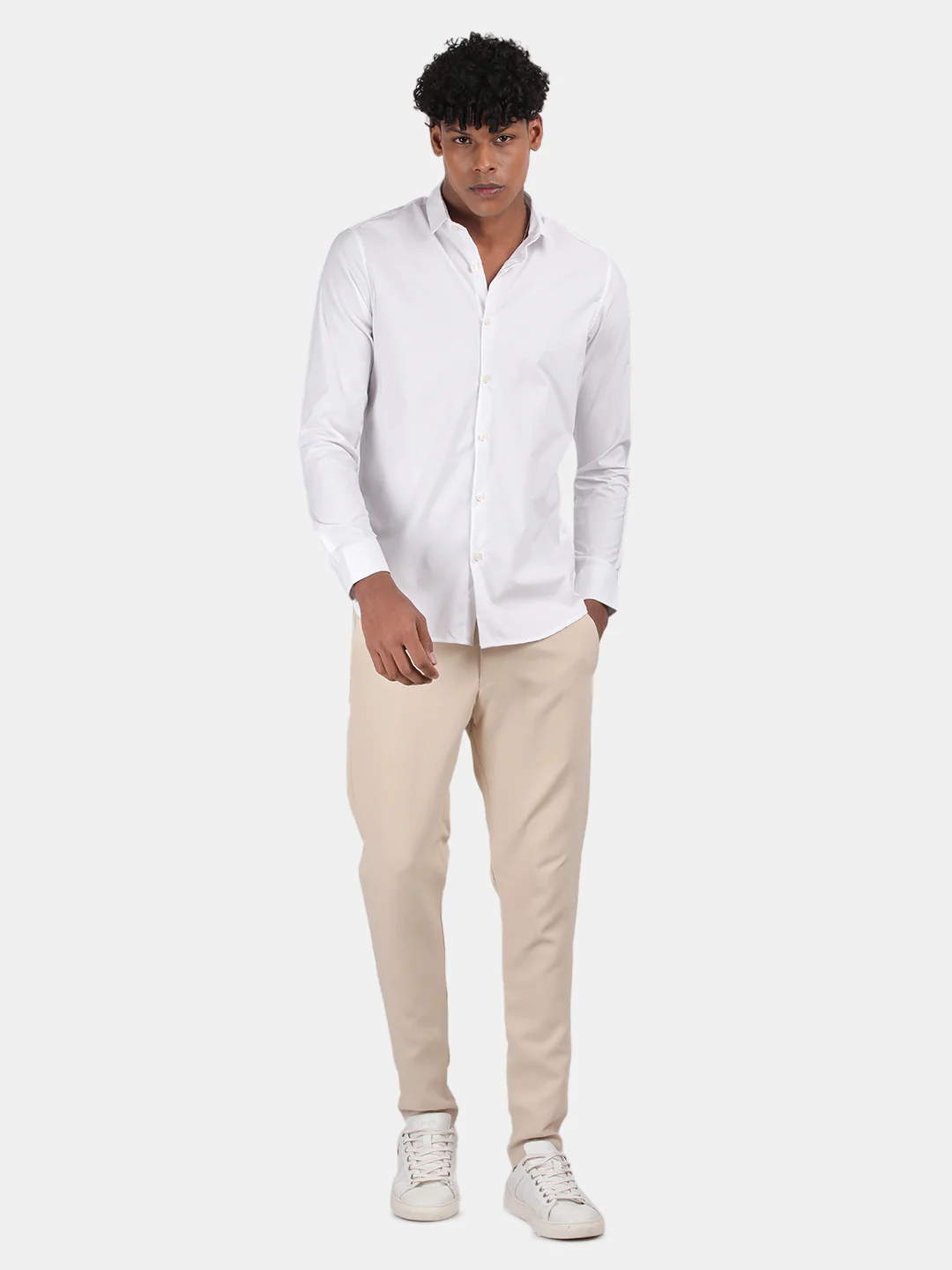 Men White Slim Fit Spread Collar Full Sleeve Casual Shirt - Image 5