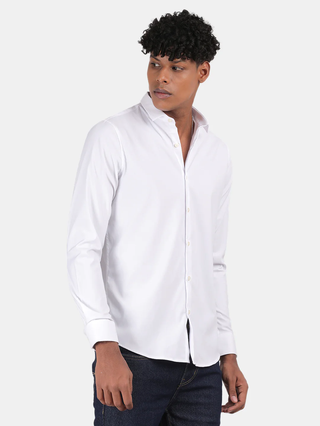 Men White Slim Fit Spread Collar Full Sleeve Casual Shirt - Image 5