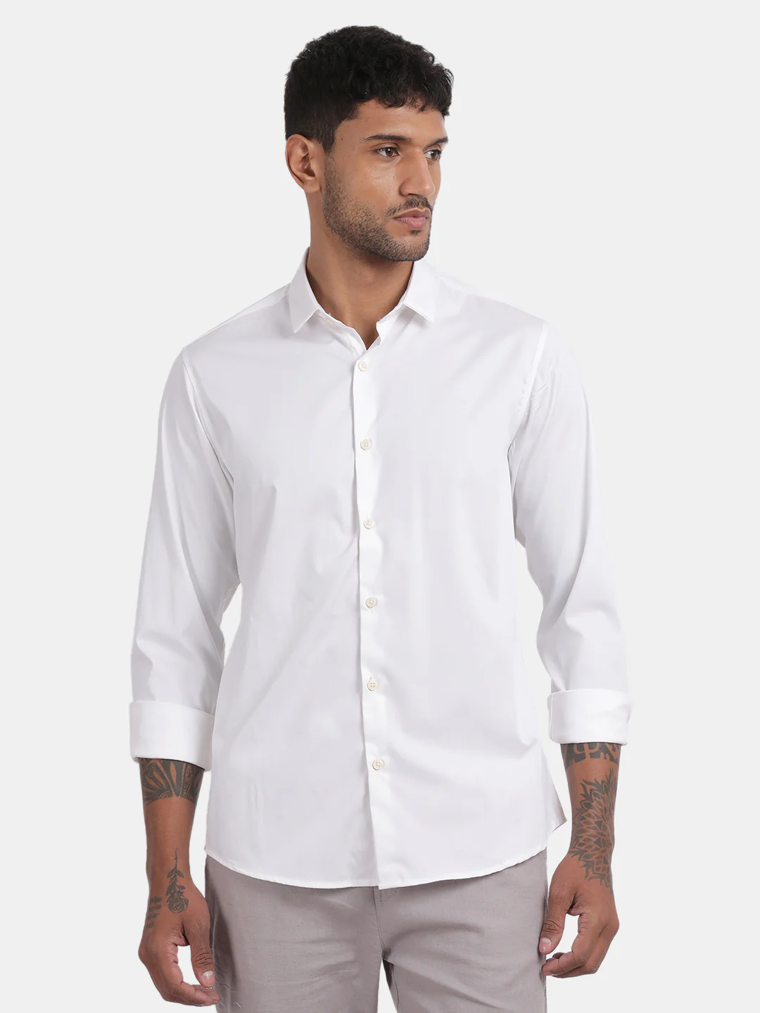 Men White Slim Fit Spread Collar Full Sleeve Casual Shirt - Image 4