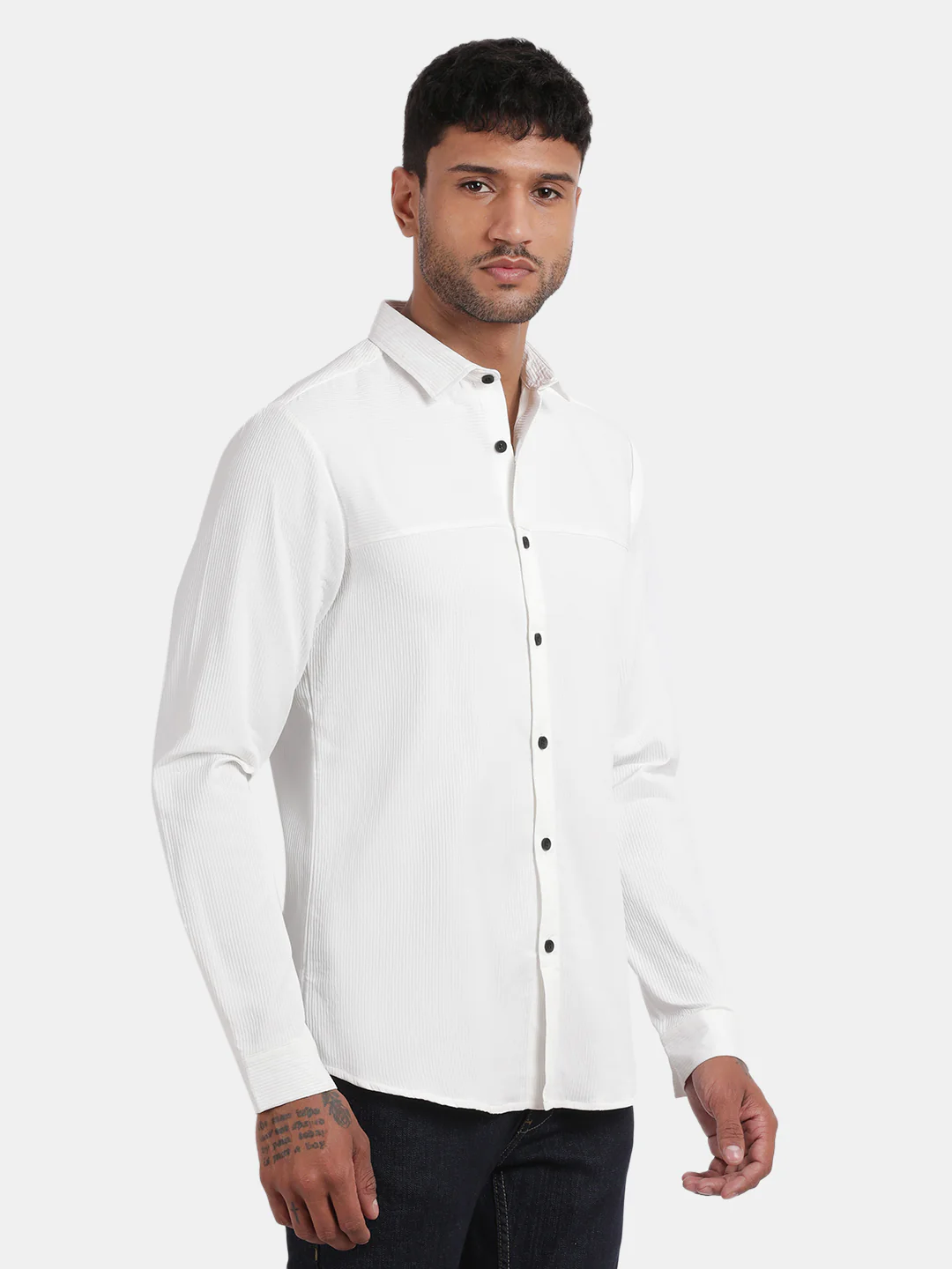 Men White Slim Fit Spread Collar Full Sleeve Casual Shirt - Image 3