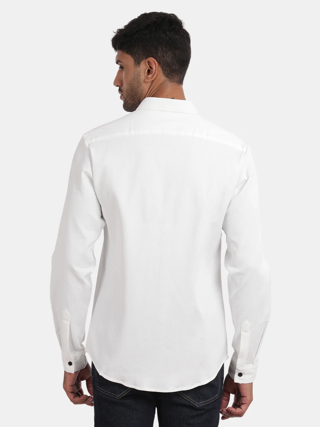Men White Slim Fit Spread Collar Full Sleeve Casual Shirt - Image 4