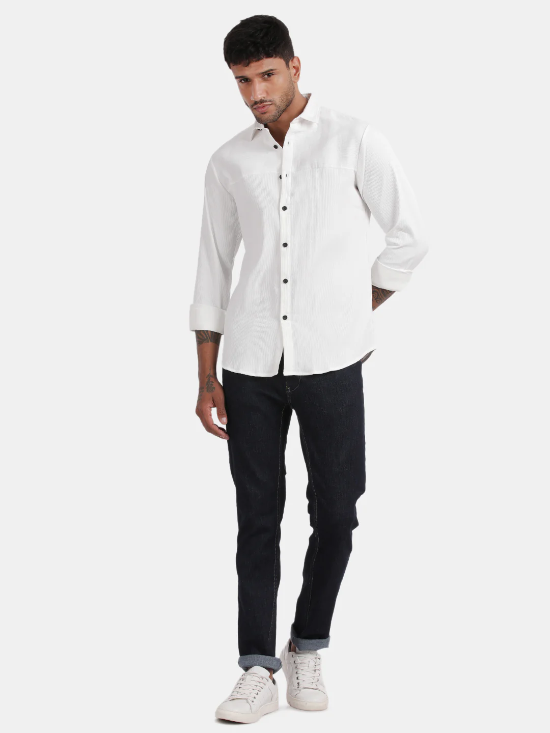 Men White Slim Fit Spread Collar Full Sleeve Casual Shirt - Image 5