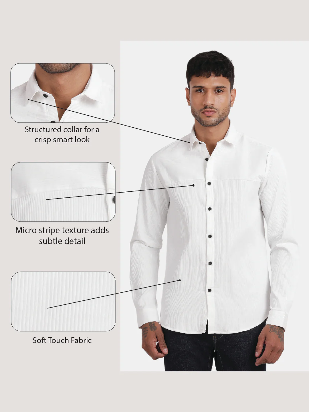 Men White Slim Fit Spread Collar Full Sleeve Casual Shirt - Image 6