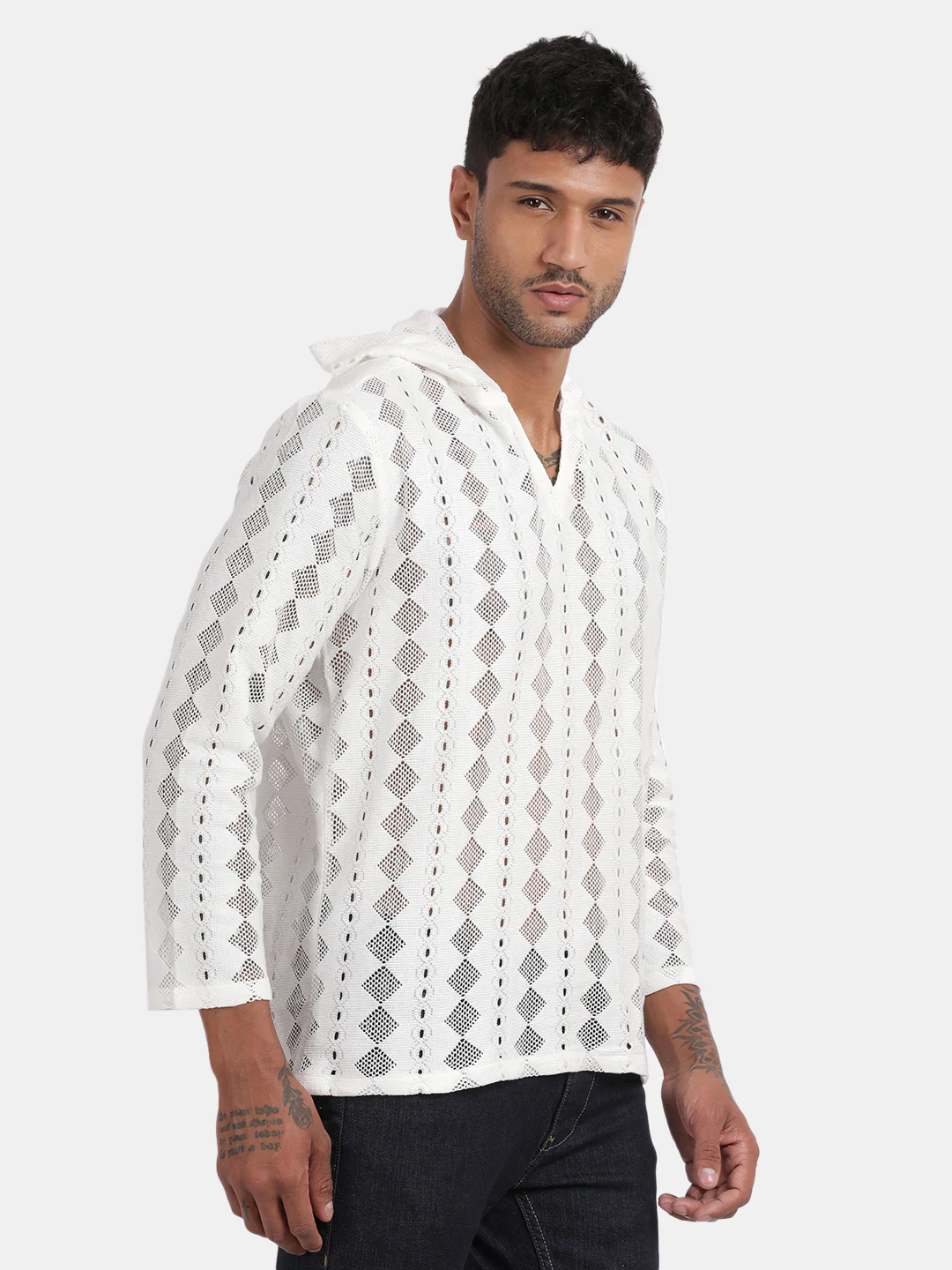 Men White Regular Fit Spread Collar Full Sleeve Hoodie - Image 2