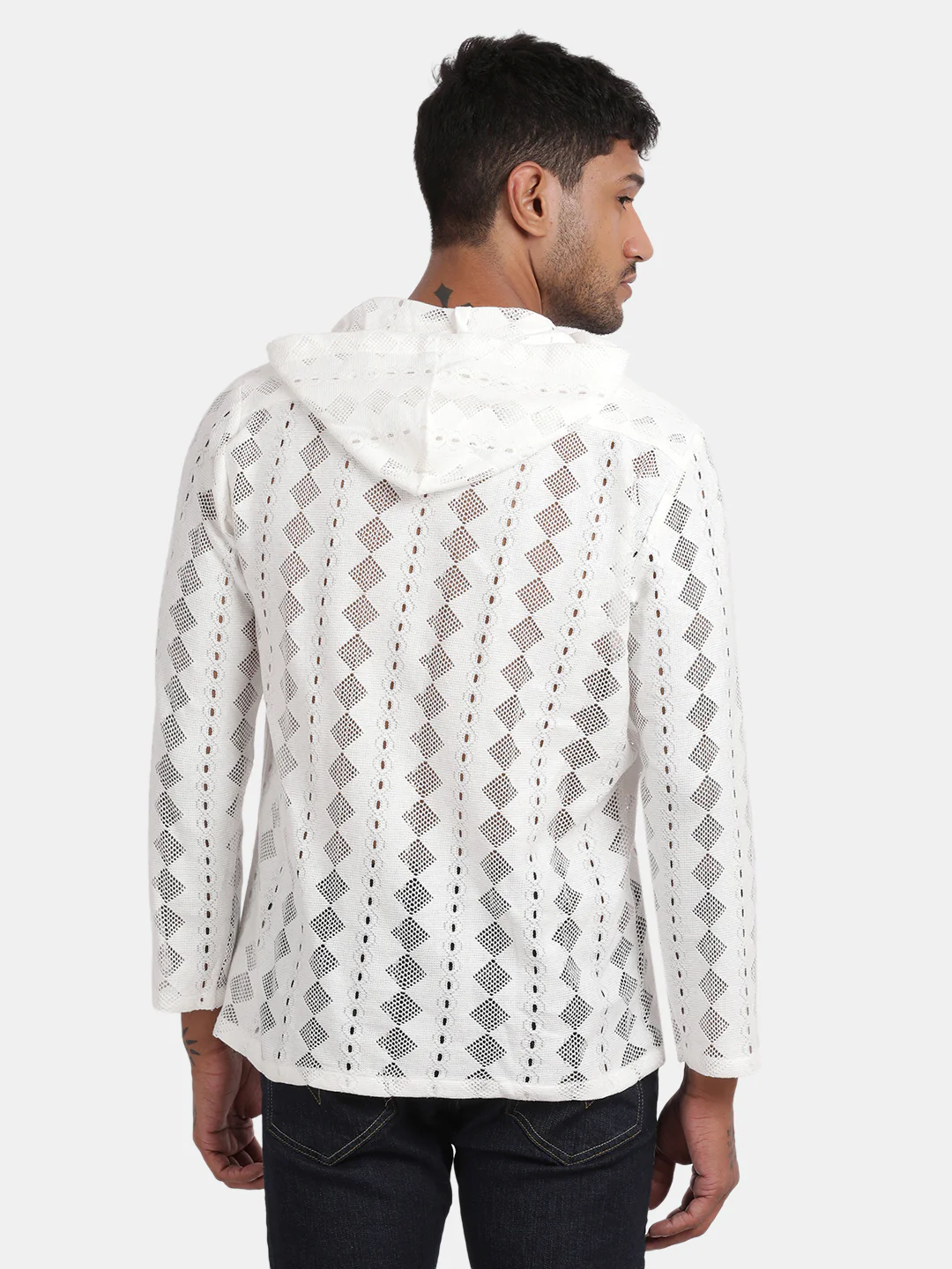 Men White Regular Fit Spread Collar Full Sleeve Hoodie - Image 3