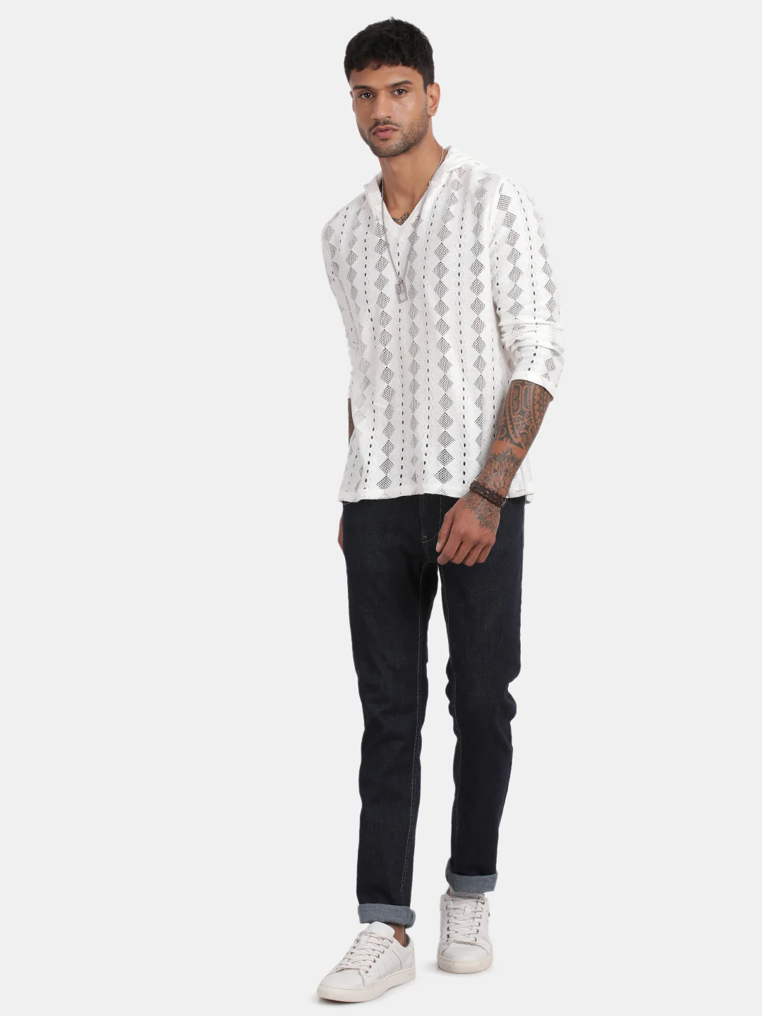 Men White Regular Fit Spread Collar Full Sleeve Hoodie - Image 5