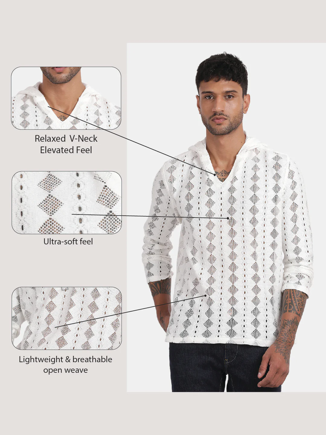 Men White Regular Fit Spread Collar Full Sleeve Hoodie - Image 6
