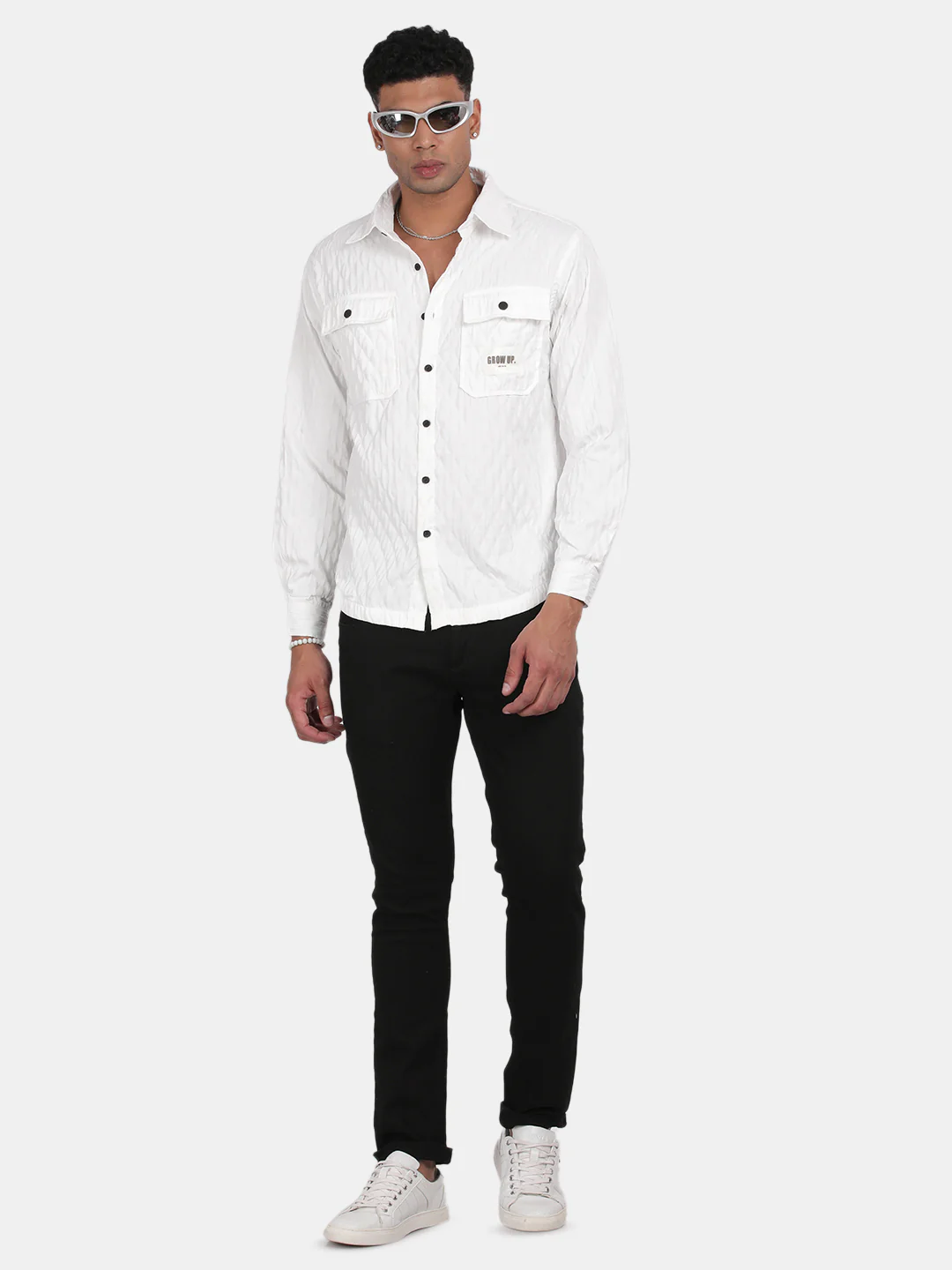 Men White Slim Fit Spread Collar Full Sleeve Casual Shirt - Image 5