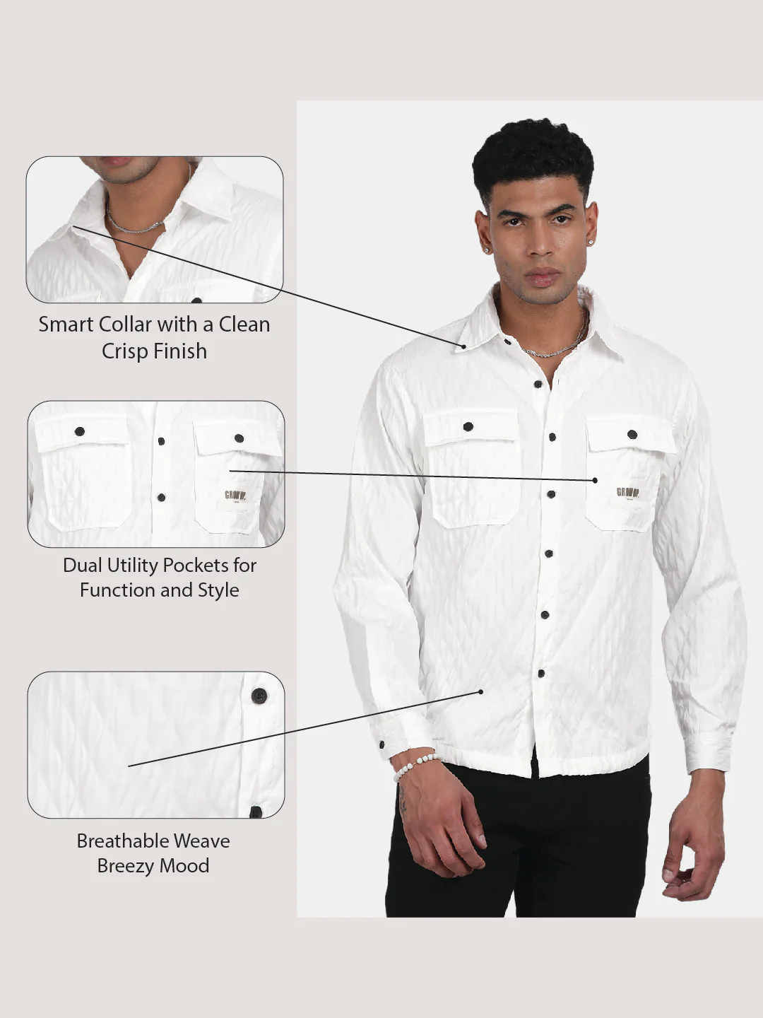 Men White Slim Fit Spread Collar Full Sleeve Casual Shirt - Image 6