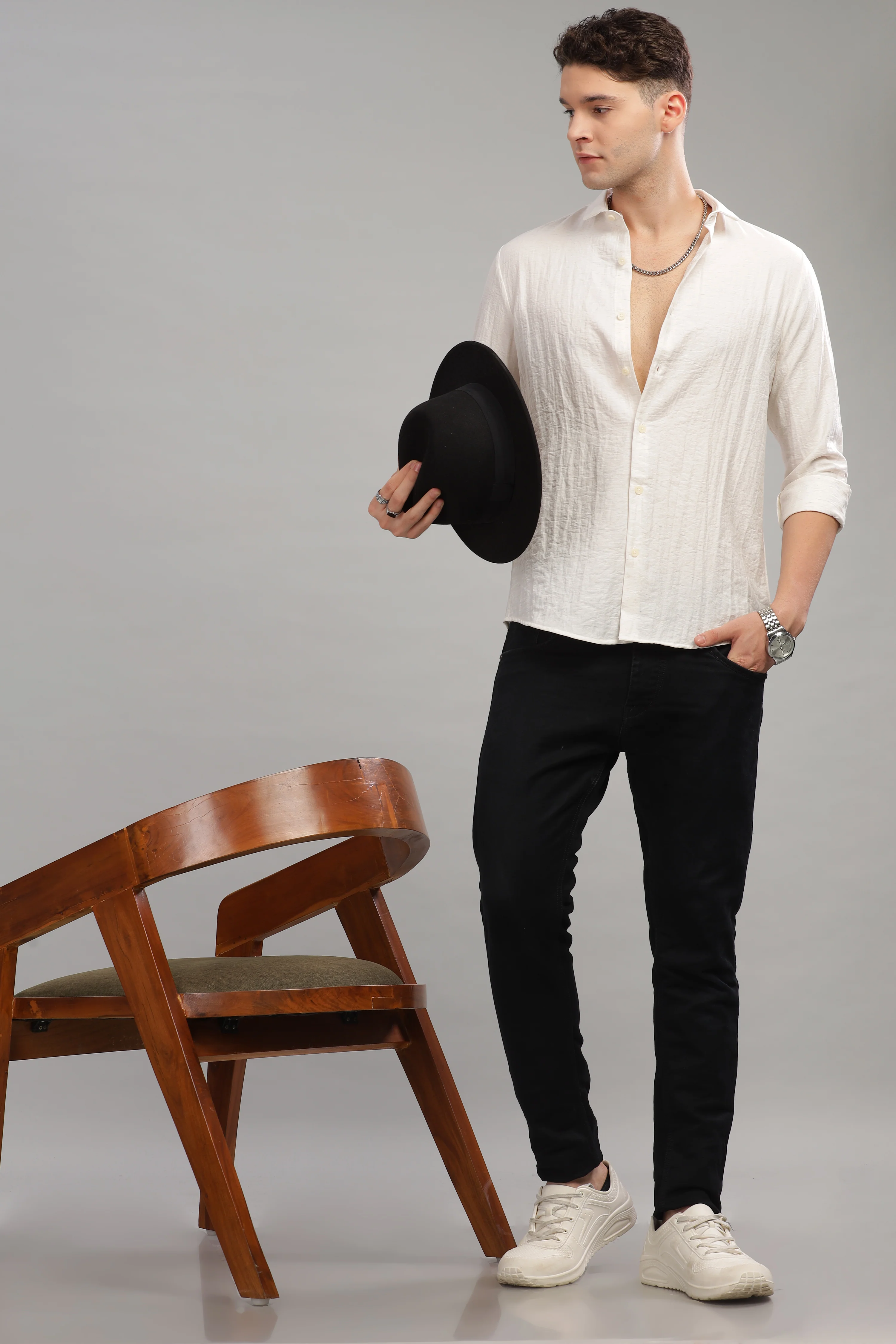 Men White Slim Fit Stand Collar Full Sleeve Casual Shirt - Image 3