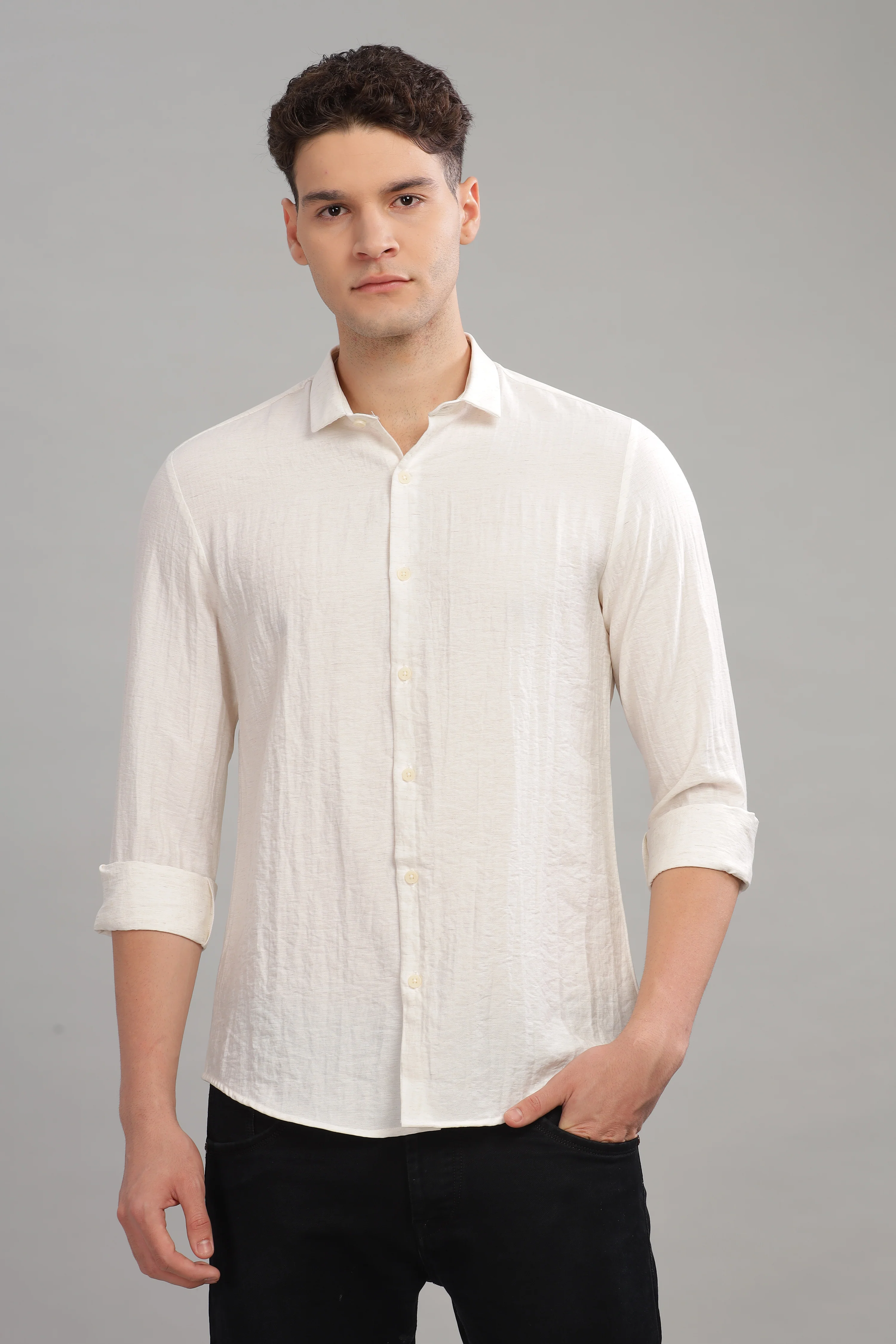 Men White Slim Fit Stand Collar Full Sleeve Casual Shirt - Image 4