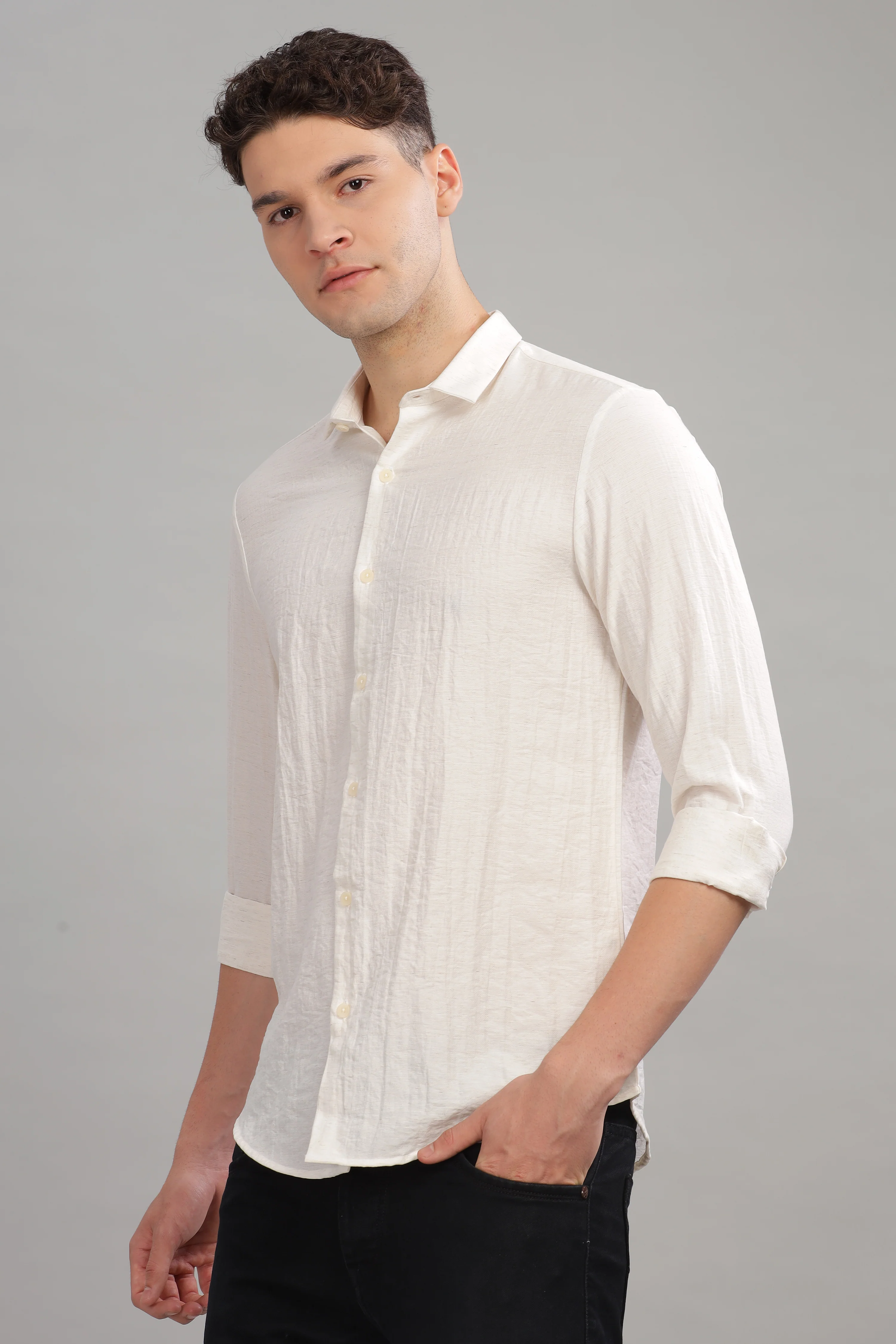 Men White Slim Fit Stand Collar Full Sleeve Casual Shirt - Image 5