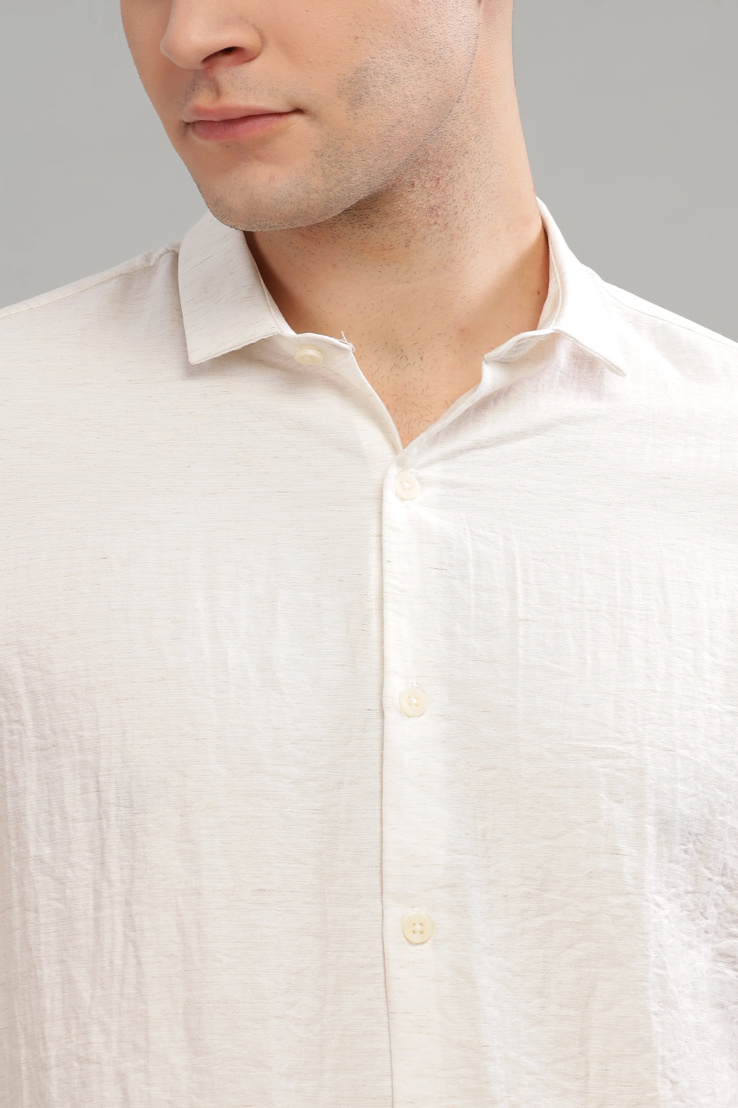 Men White Slim Fit Stand Collar Full Sleeve Casual Shirt - Image 6
