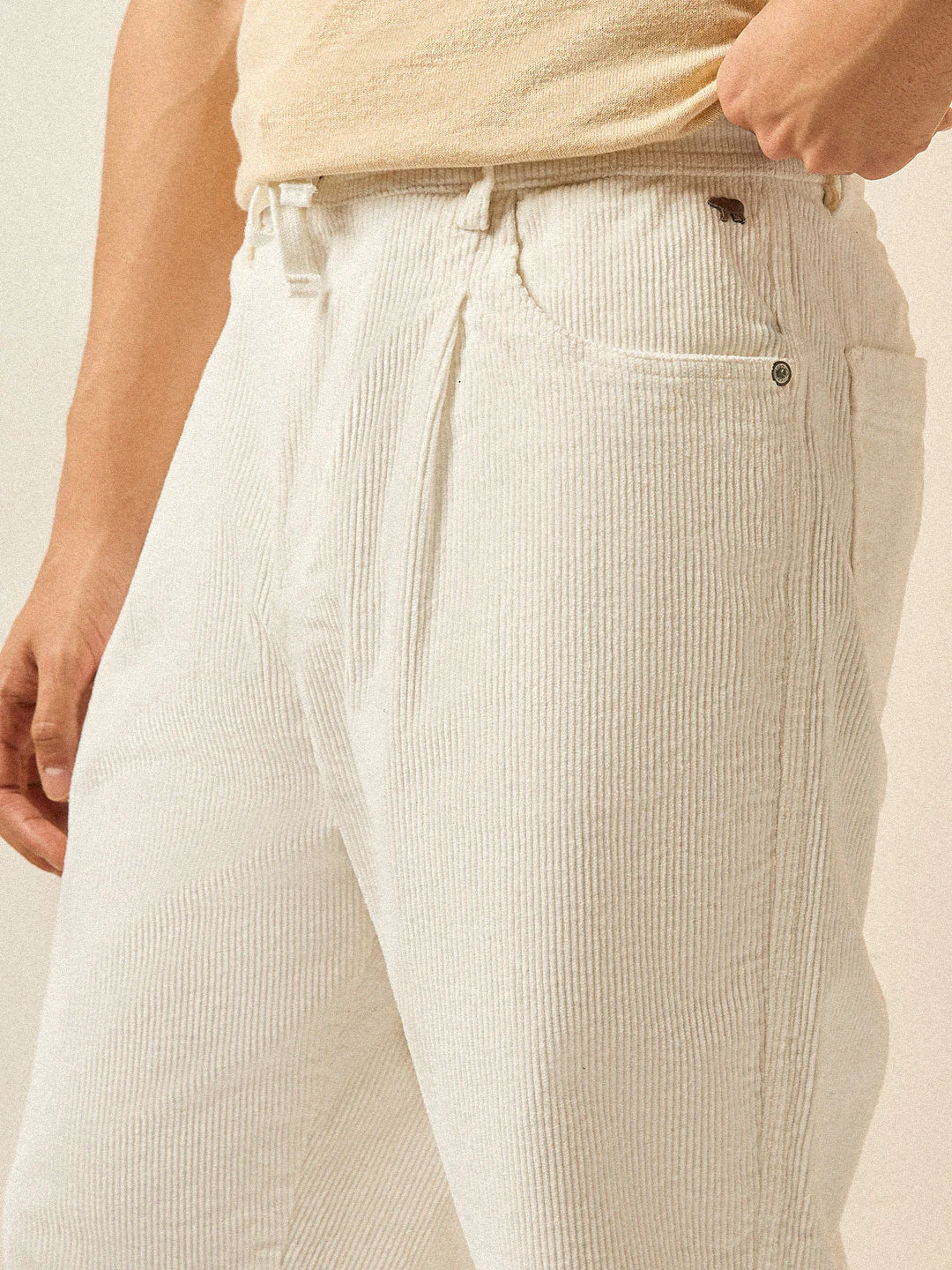 Men White Solid Baggy Fit Corduroy Cotton Pant - Image 5