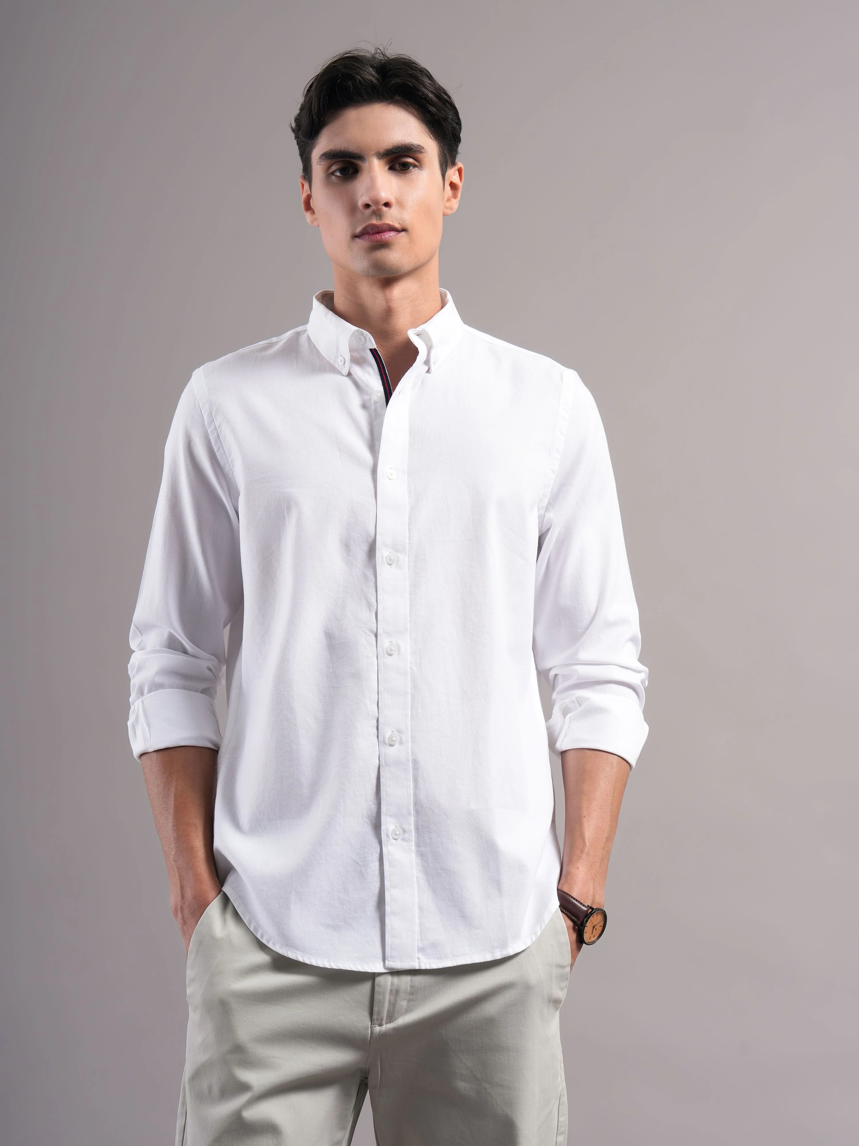 Men White Solid Casual Shirt
