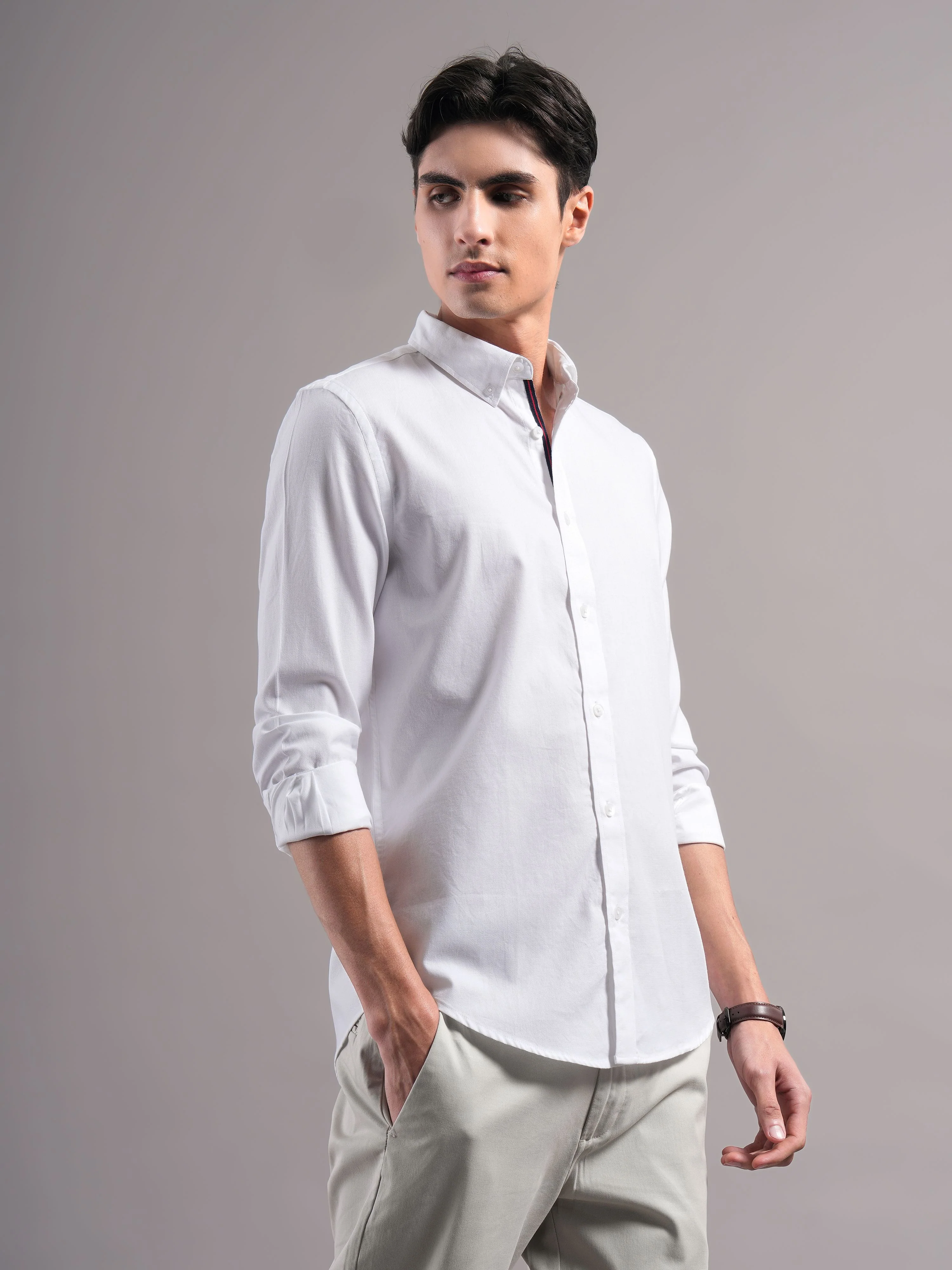 Men White Solid Casual Shirt - Image 6