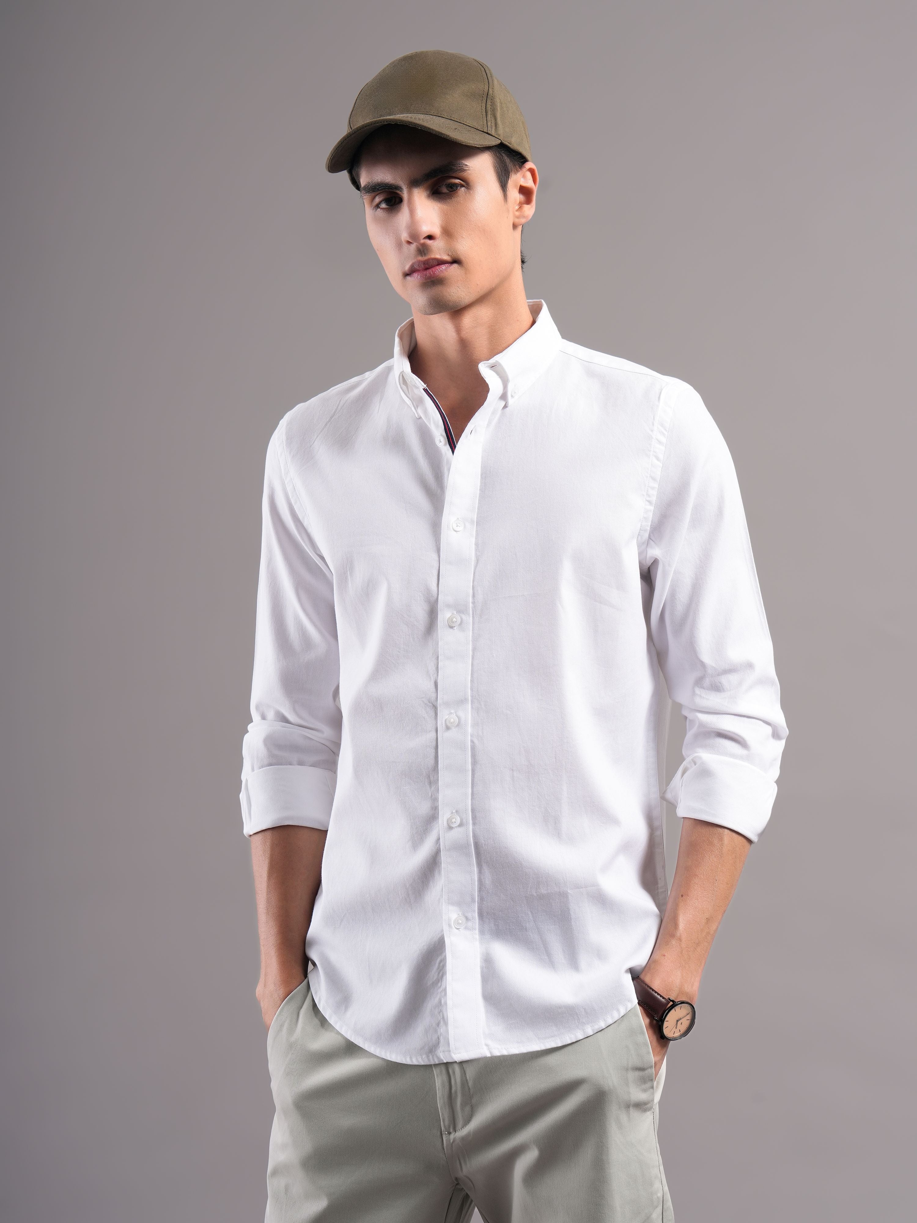 Men White Solid Casual Shirt - Image 7