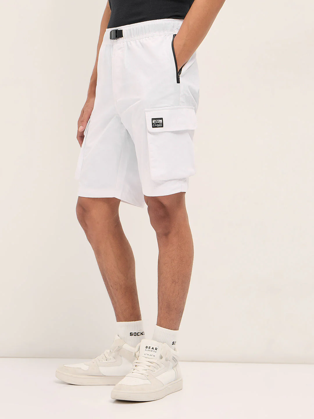 Men White Solid Nylon Cargo Shorts - Image 3
