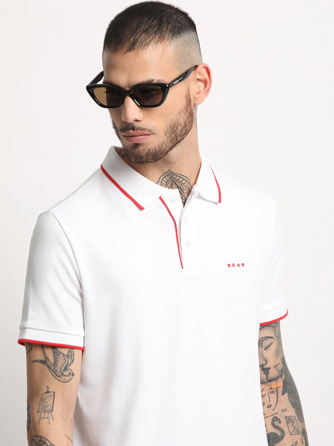 Men White Solid Polo T-shirt