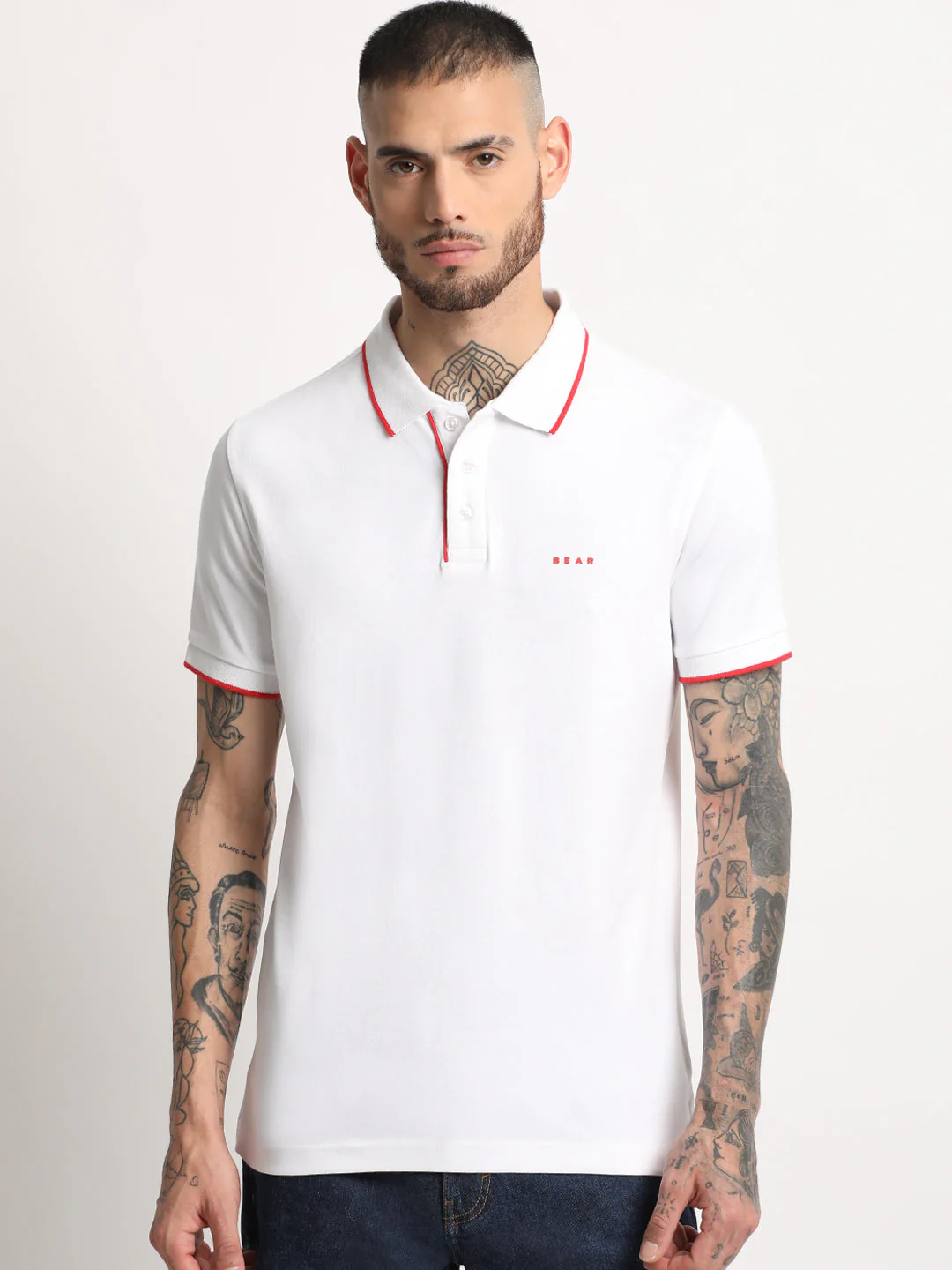 Men White Solid Polo T-shirt - Image 2