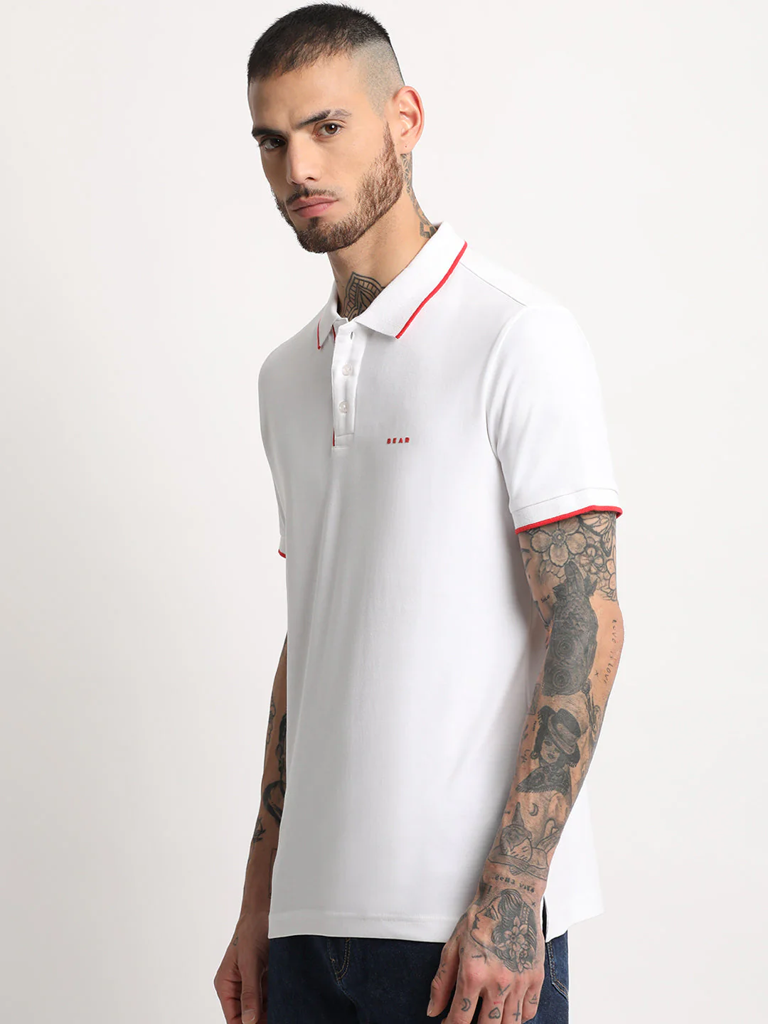 Men White Solid Polo T-shirt - Image 3