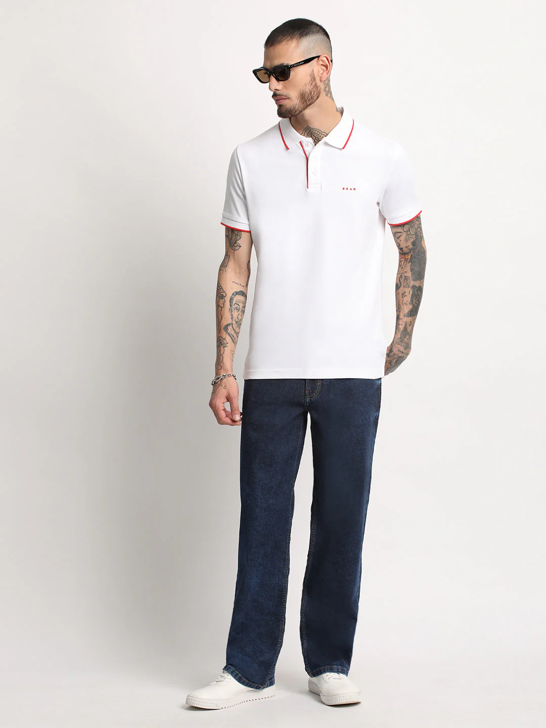 Men White Solid Polo T-shirt - Image 5