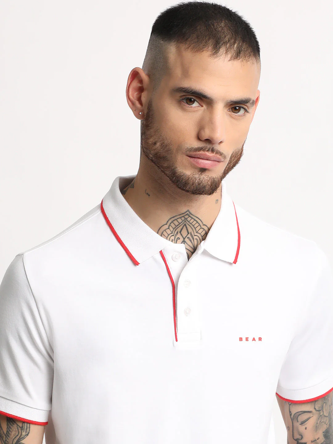 Men White Solid Polo T-shirt - Image 6