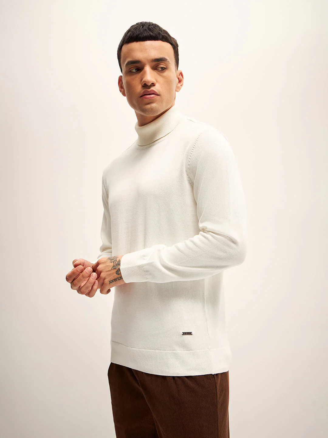 Men White Solid Regular Fit Turtle Neck T-shirt - Image 3