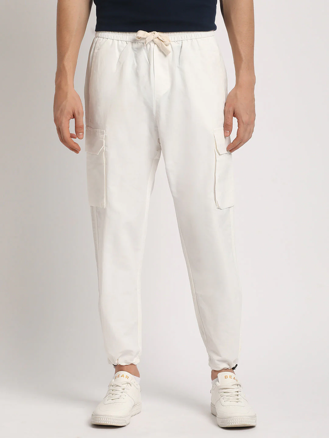 Men White Solid Relaxed Fit Cargo - Image 2