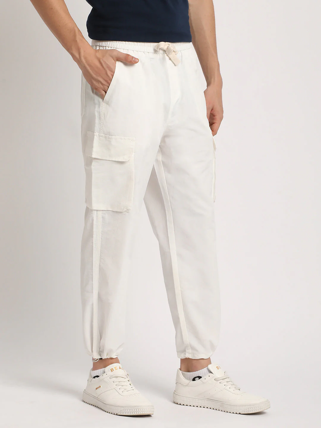 Men White Solid Relaxed Fit Cargo - Image 3