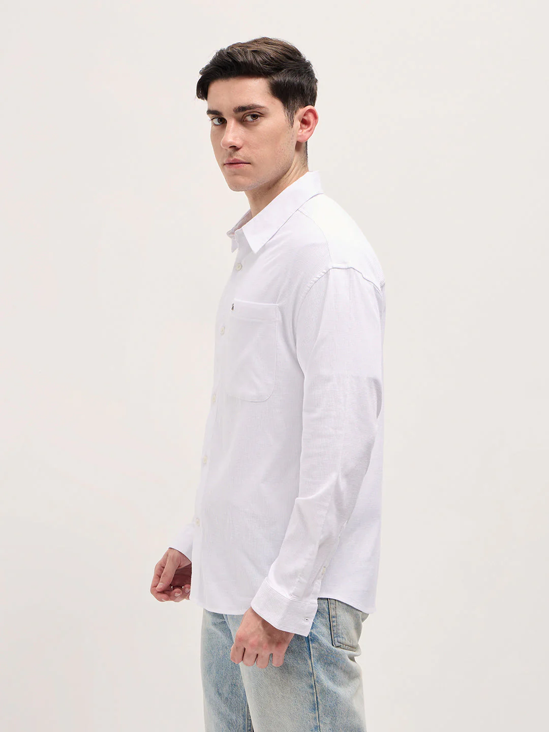 Men White Solid Relaxed Fit Overshirt - Image 3