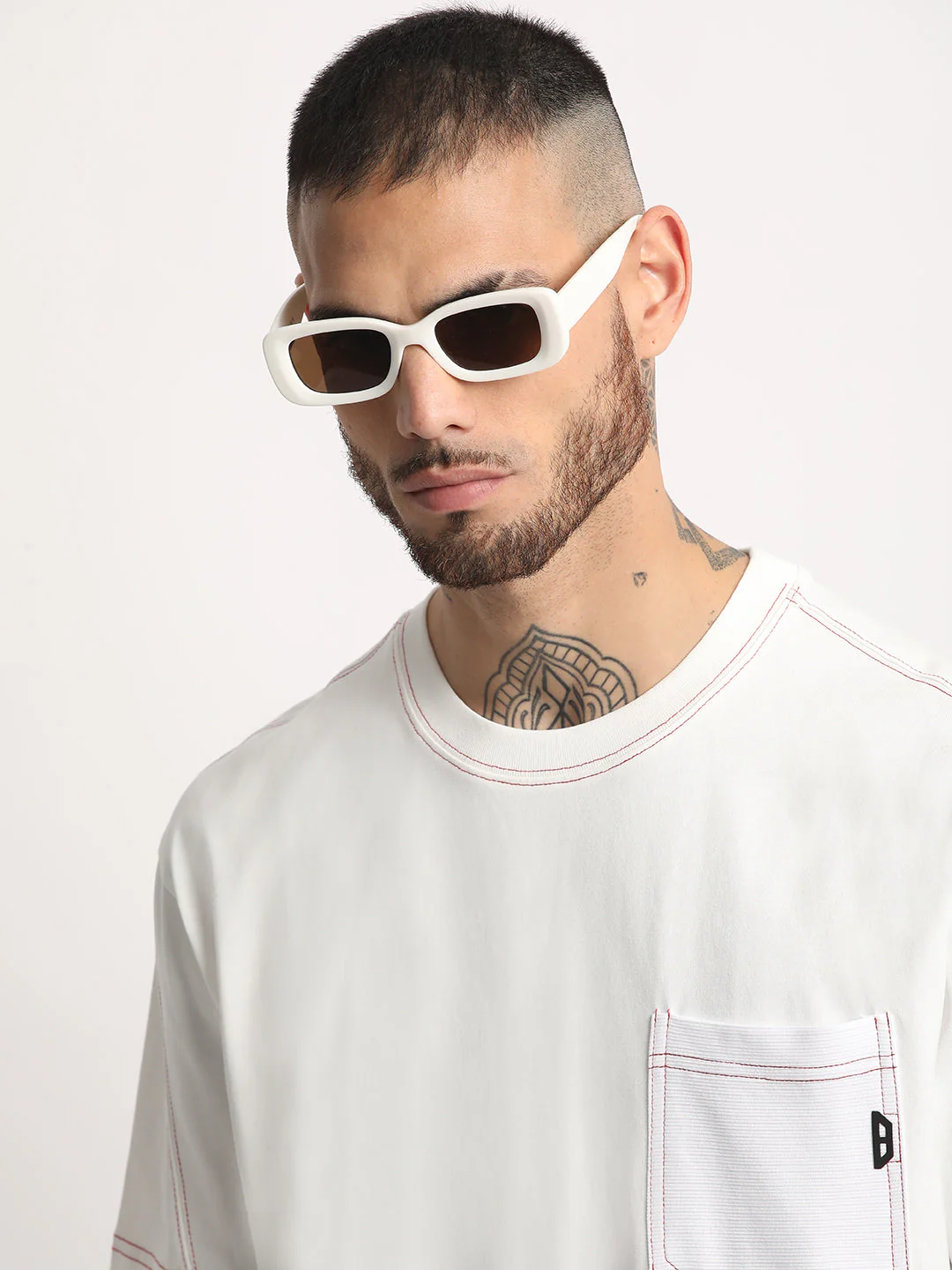 Men White Solid Round Neck T-shirt