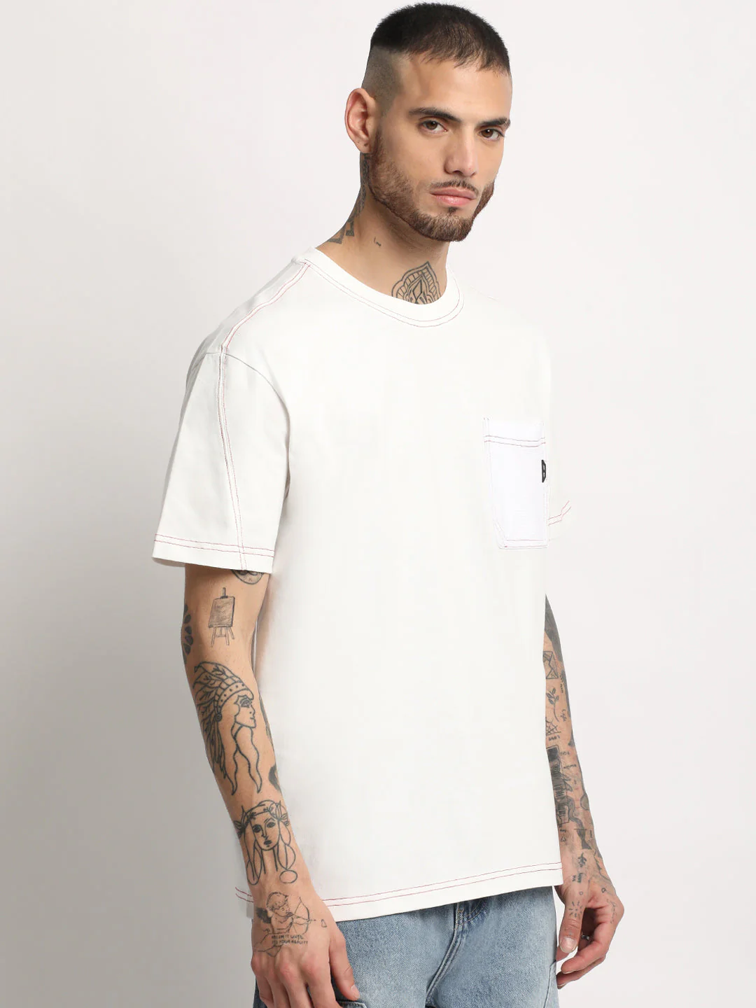 Men White Solid Round Neck T-shirt - Image 3