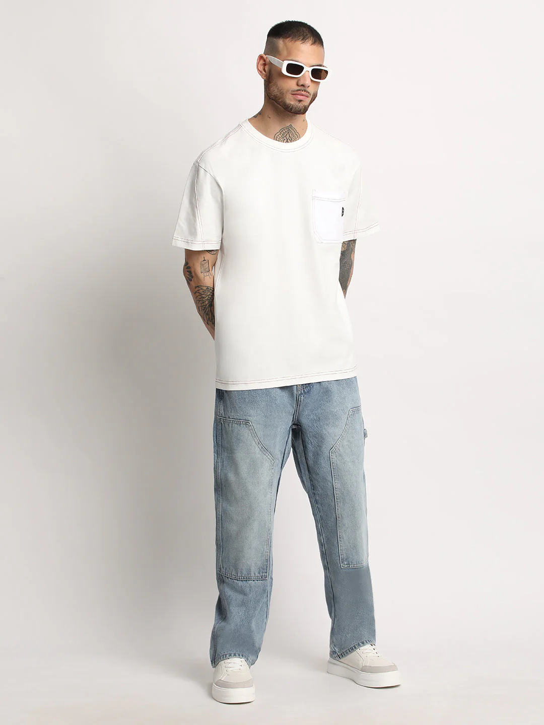 Men White Solid Round Neck T-shirt - Image 5