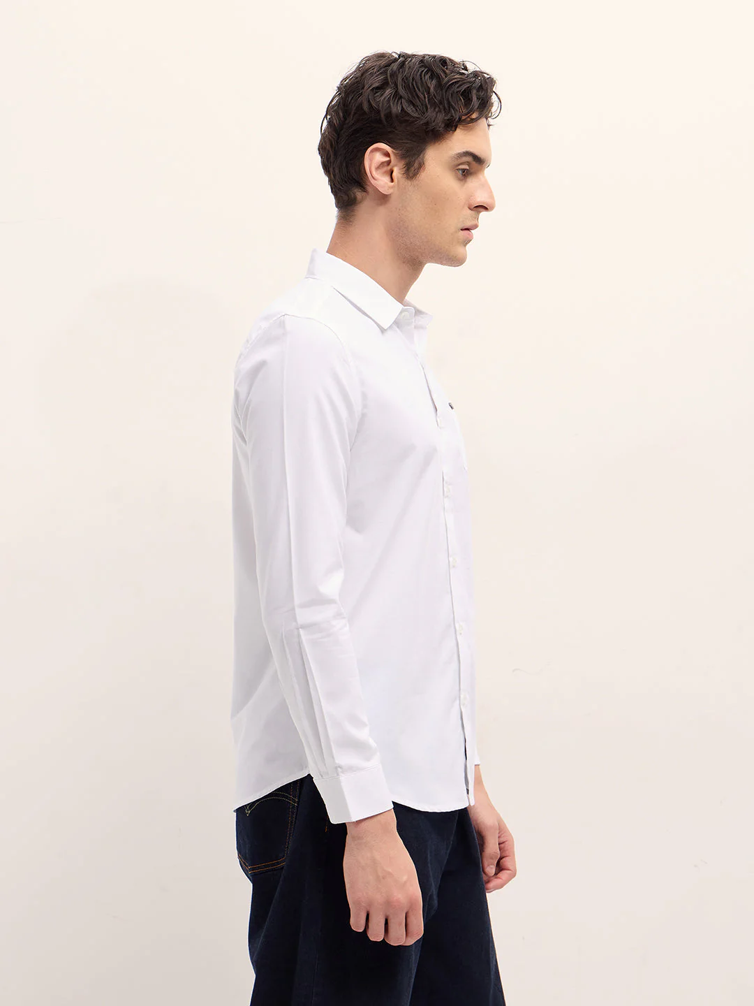 Men White Solid Slim Fit Polyester Casual Shirt - Image 3
