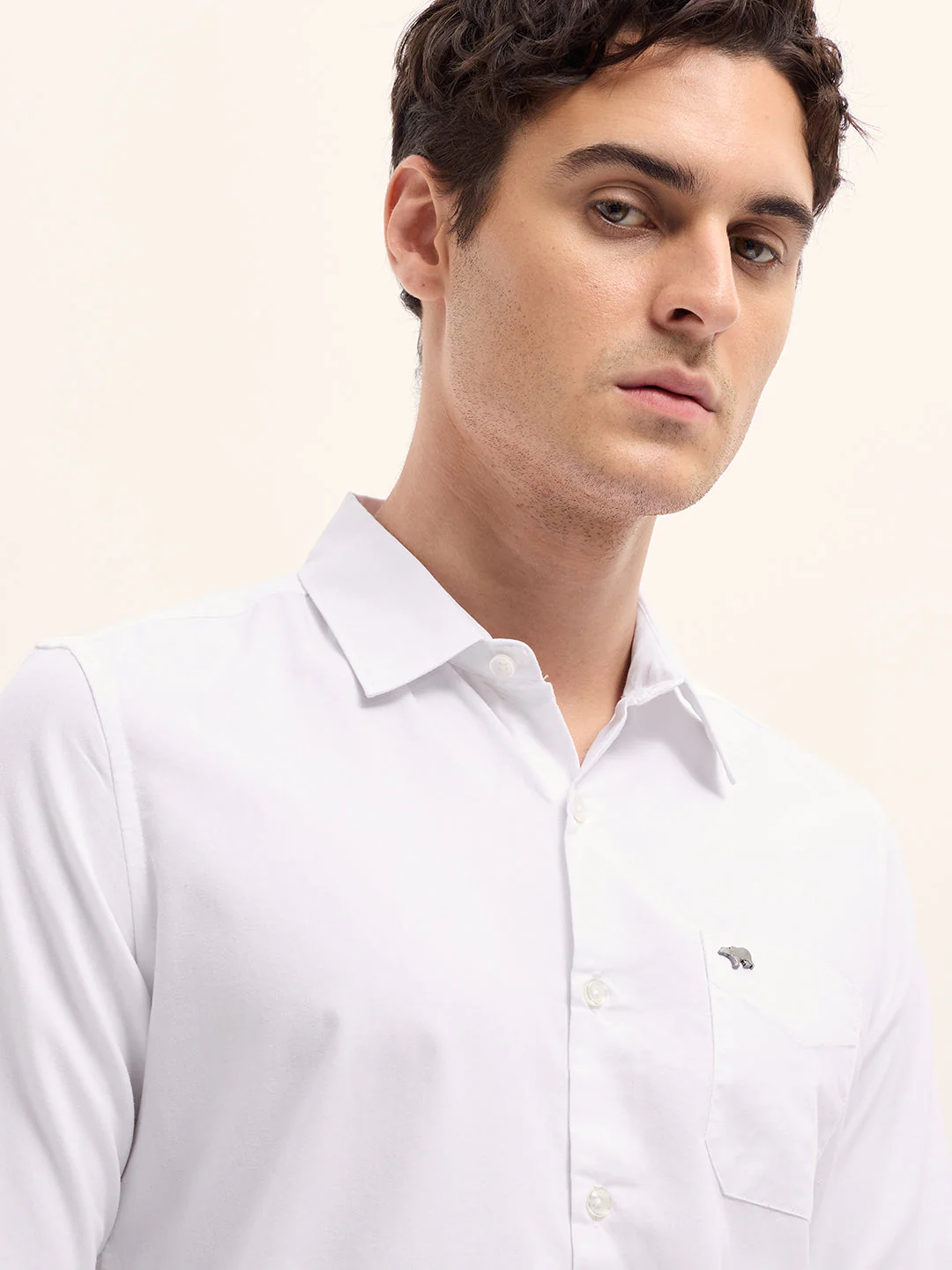 Men White Solid Slim Fit Polyester Casual Shirt - Image 5
