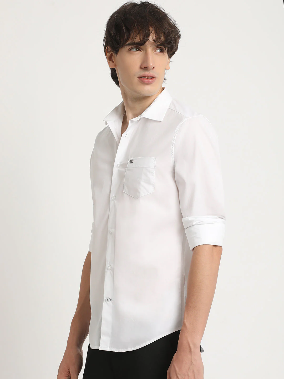 Men White Solid Tailored Fit Cotton formal Shirt - Image 3