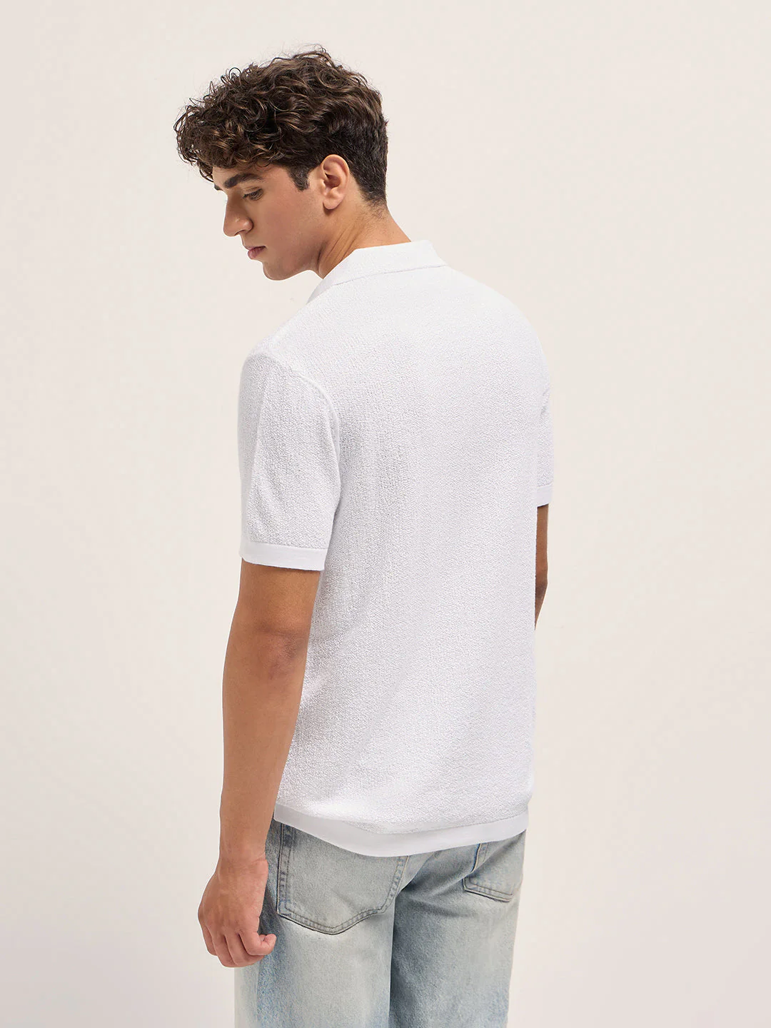Men White Solid Texture Knit Design Regular Fit Polo - Image 2