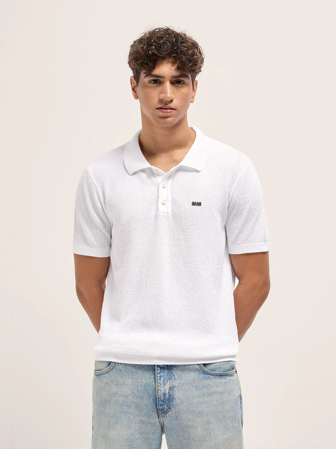Men White Solid Texture Knit Design Regular Fit Polo - Image 6