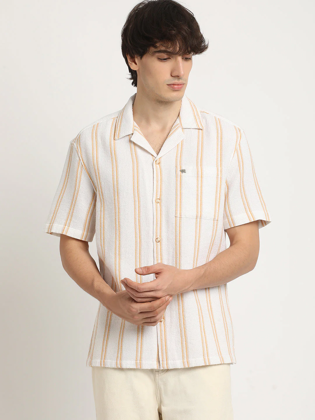 Men  White Stripe Regular Fit Casual Shirt - Image 2