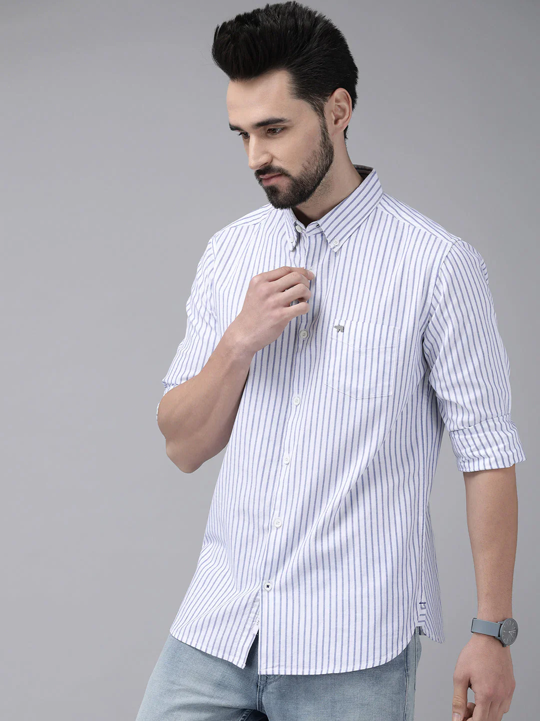 Men White Striped Casual Shirt - Image 3