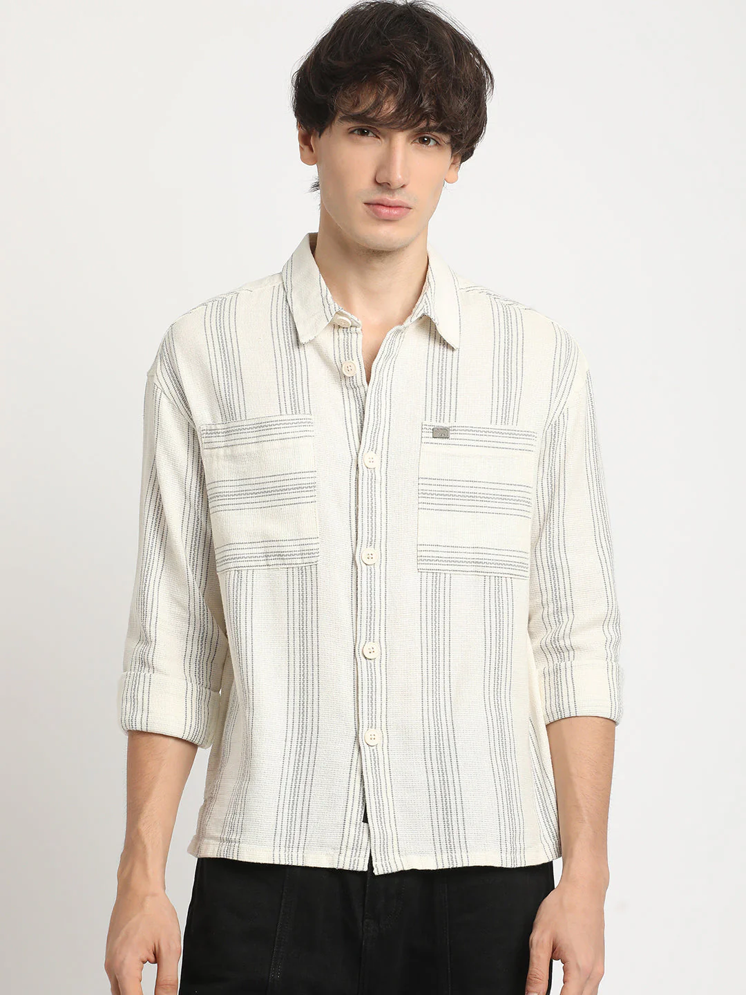 Men White Striped Relaxed Fit Cotton Casual Shirt - Image 2