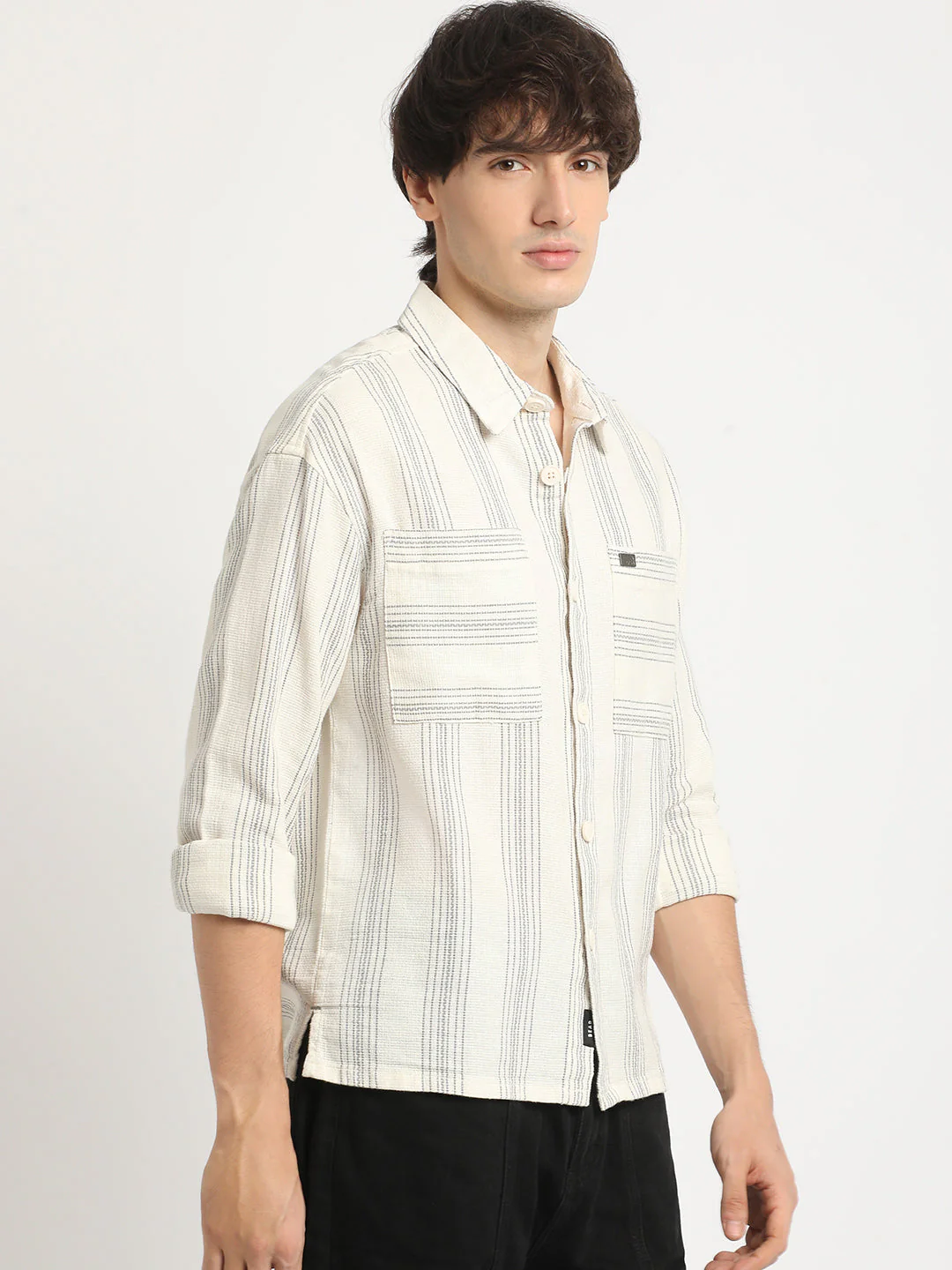 Men White Striped Relaxed Fit Cotton Casual Shirt - Image 3
