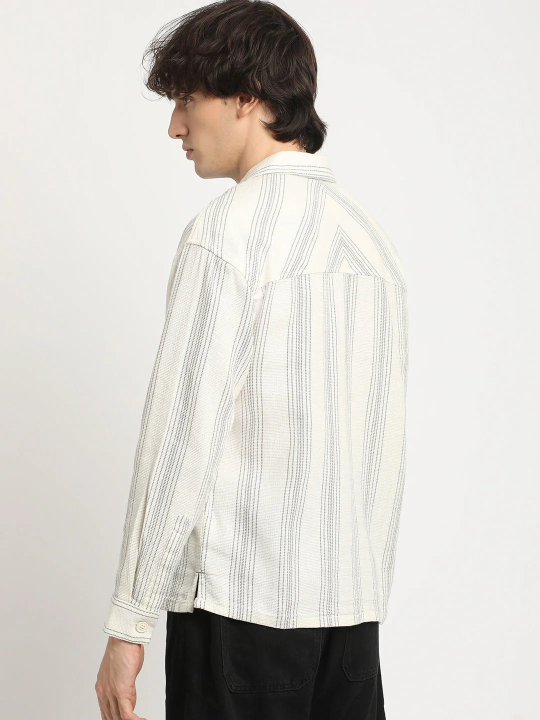 Men White Striped Relaxed Fit Cotton Casual Shirt - Image 4