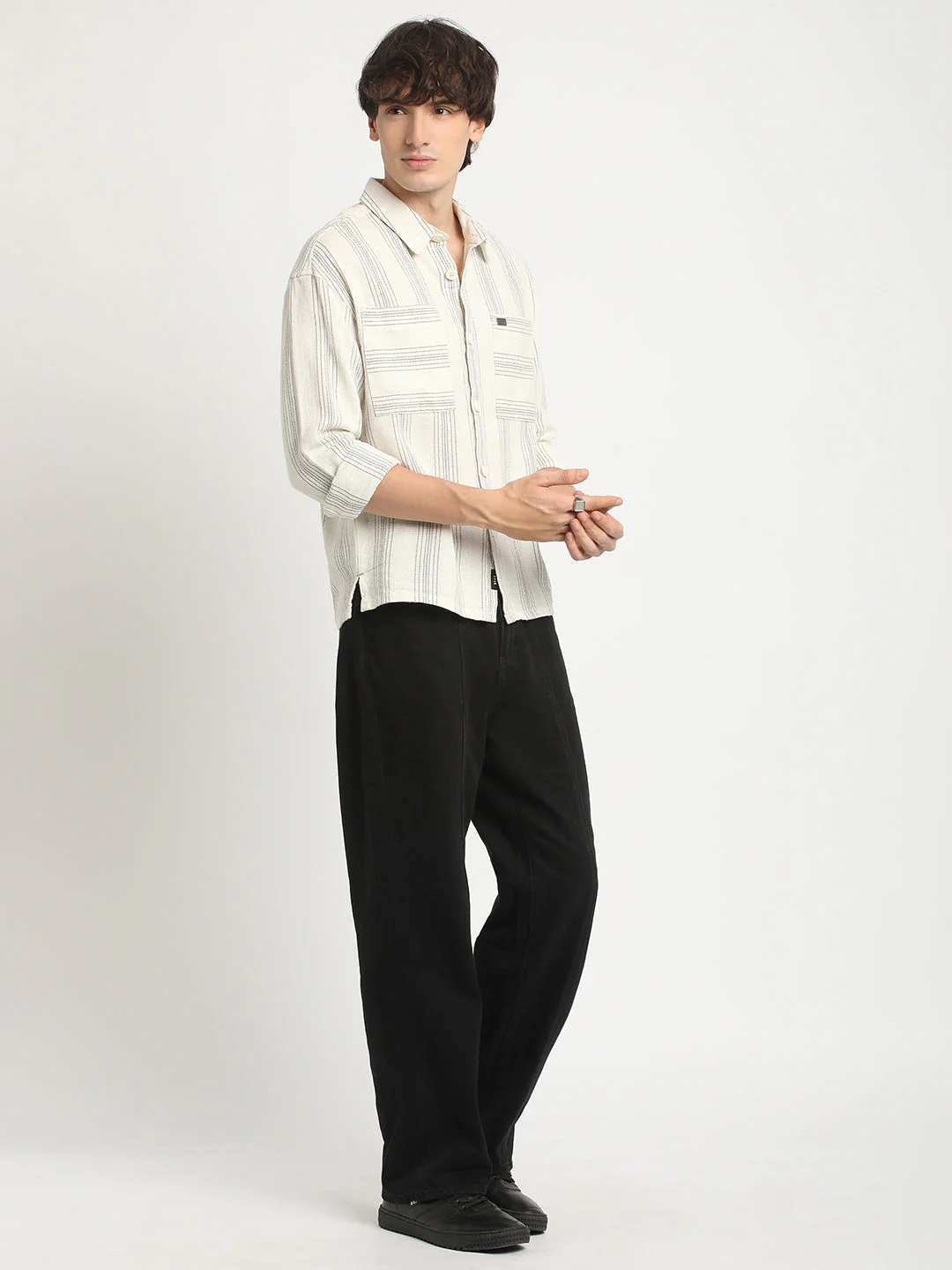 Men White Striped Relaxed Fit Cotton Casual Shirt - Image 5