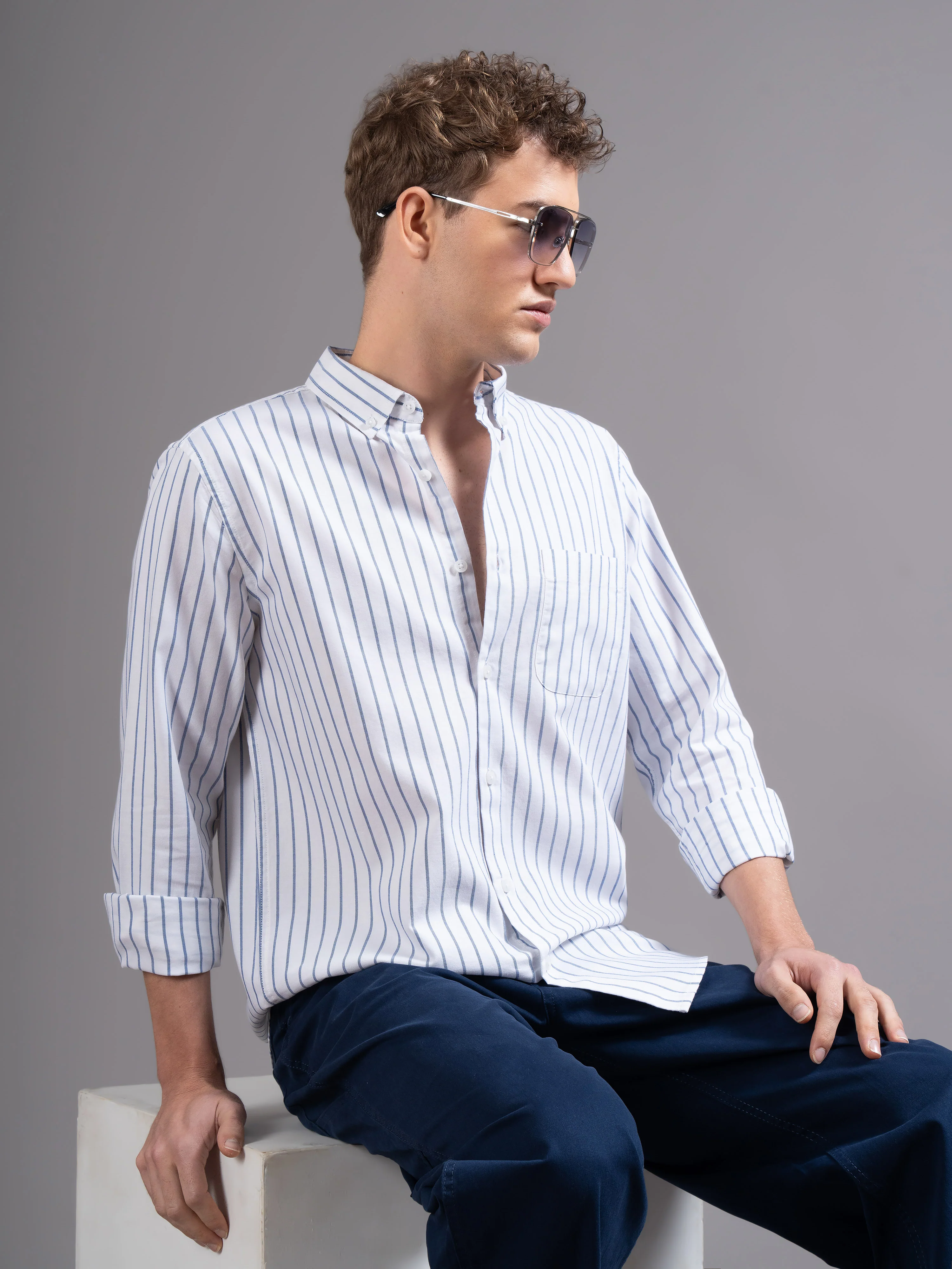Men White Striped Shirt - Image 8