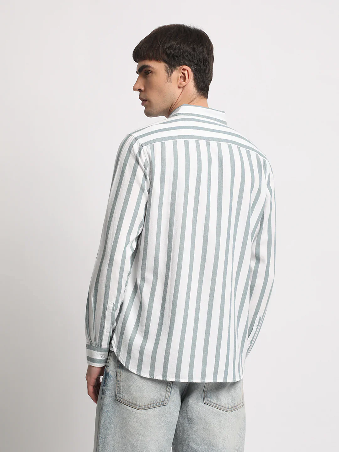 Men White Striped Slim Fit Casual Shirt - Image 2